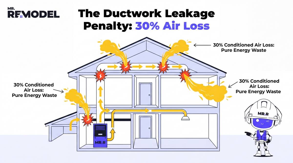 A technical schematic visualizing the "20–30% Air Loss." It shows a cross-section of a home with a central furnace in the crawlspace. Yellow arrows represent conditioned air moving through the ducts. Large "leak" icons are shown at duct joints in the attic and crawlspace, with the escaping air labeled "30% Financial Waste." This clearly shows why the system must run longer.